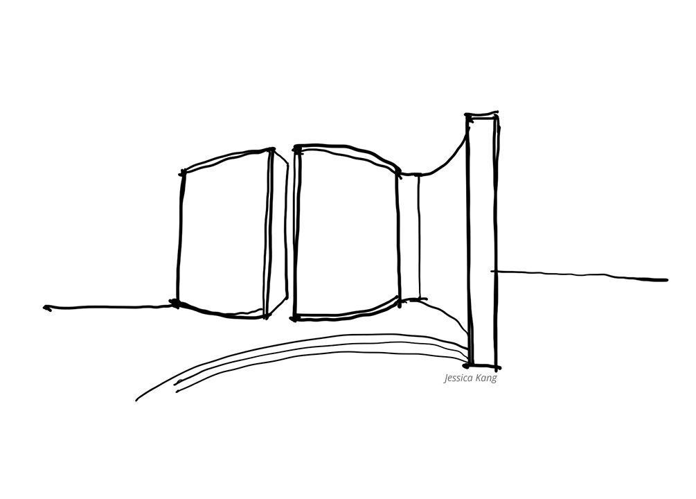 Expressive line work illustration in black and white of the Central Branch Vancouver Public Library by local artist Jessica Kang